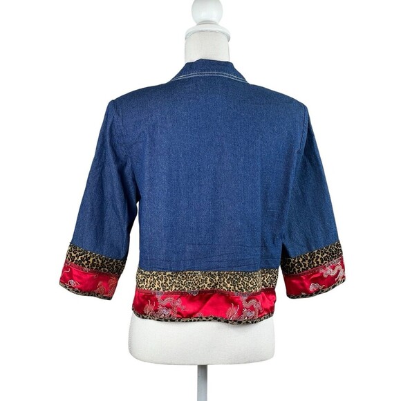 Vtg Nina Piccalino Sz 6 Boho Denim Crop Jacket Leopard Oriental 3/4 Sleeve USA - Picture 3 of 8